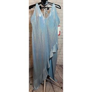 NWT Social Couture Light Blue Metallic Ruffle Slit Formal Gown Size 13/14